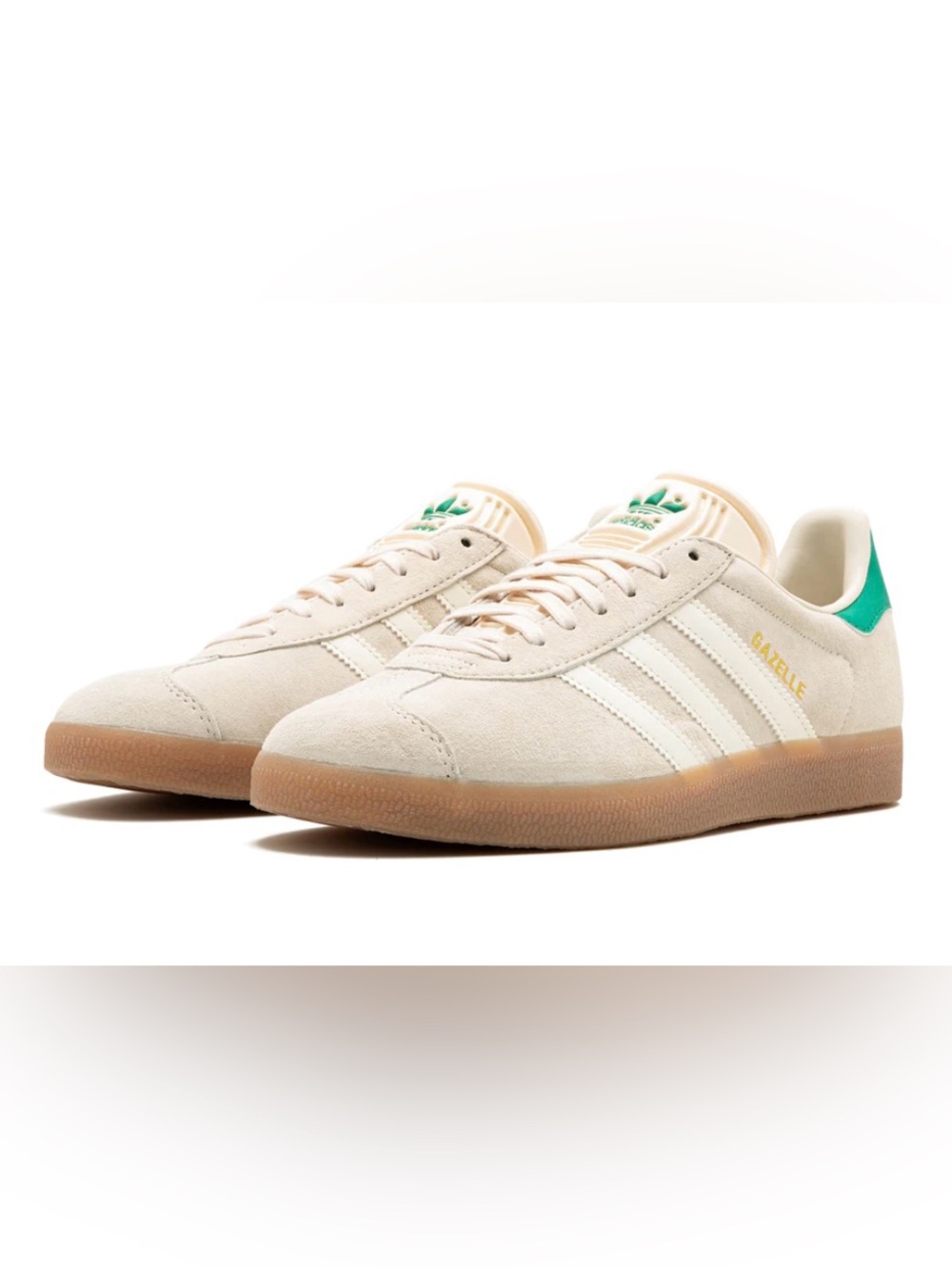adidas Cream Suede Sneakers with Gum Sole and Green Tongue Logo